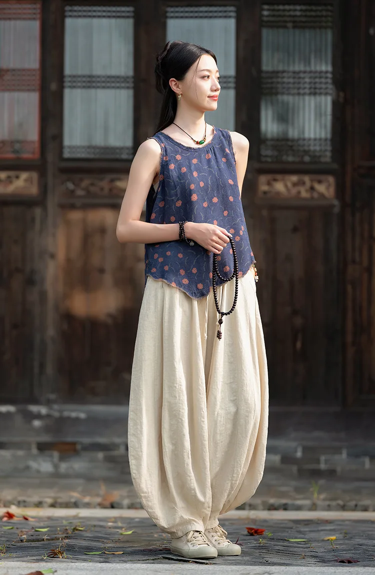 Johnature Women Vintage High Quality Cotton Ramie Bloomers Pants Solid Color Loose Autumn Trousers 2025 New Elastic Waist Pants