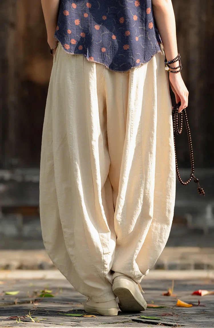 Johnature Women Vintage High Quality Cotton Ramie Bloomers Pants Solid Color Loose Autumn Trousers 2025 New Elastic Waist Pants