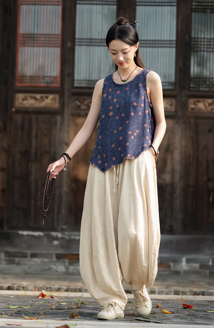 Johnature Women Vintage High Quality Cotton Ramie Bloomers Pants Solid Color Loose Autumn Trousers 2025 New Elastic Waist Pants