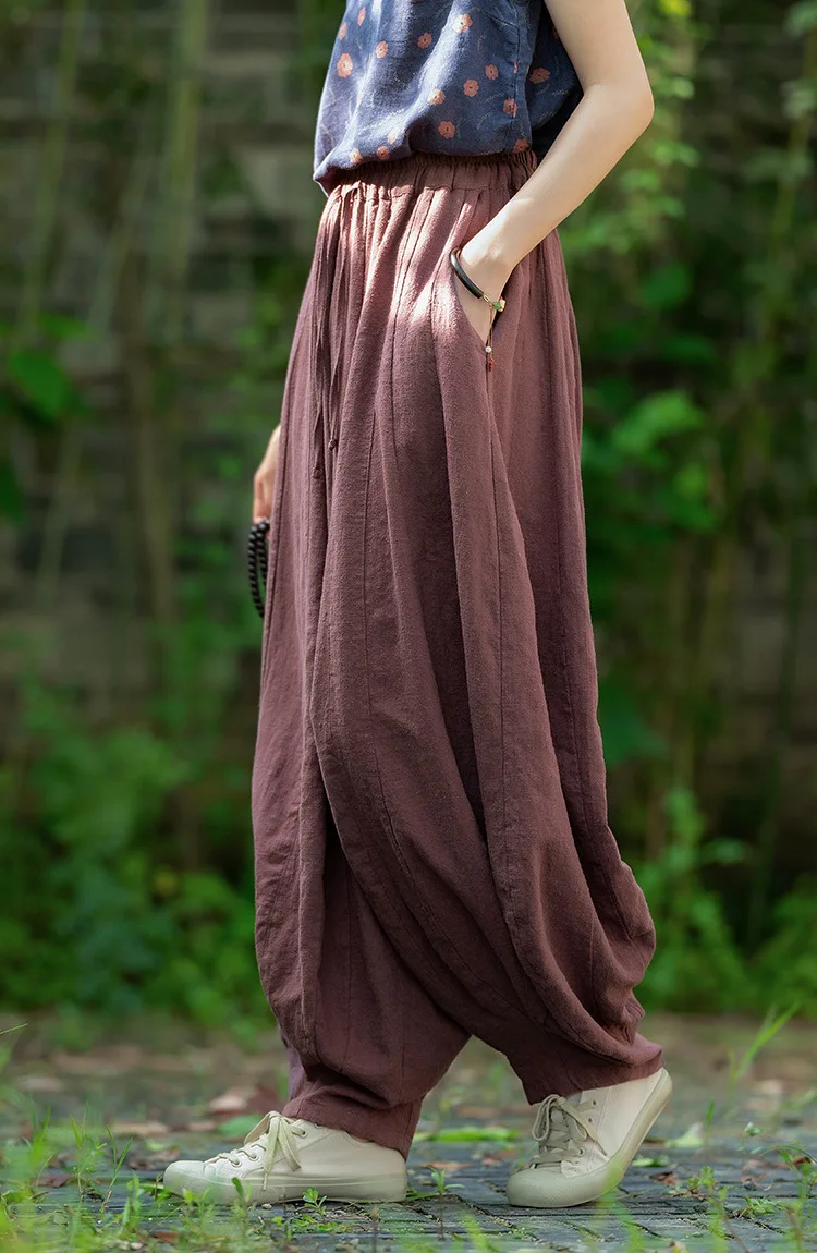 Johnature Women Vintage High Quality Cotton Ramie Bloomers Pants Solid Color Loose Autumn Trousers 2025 New Elastic Waist Pants