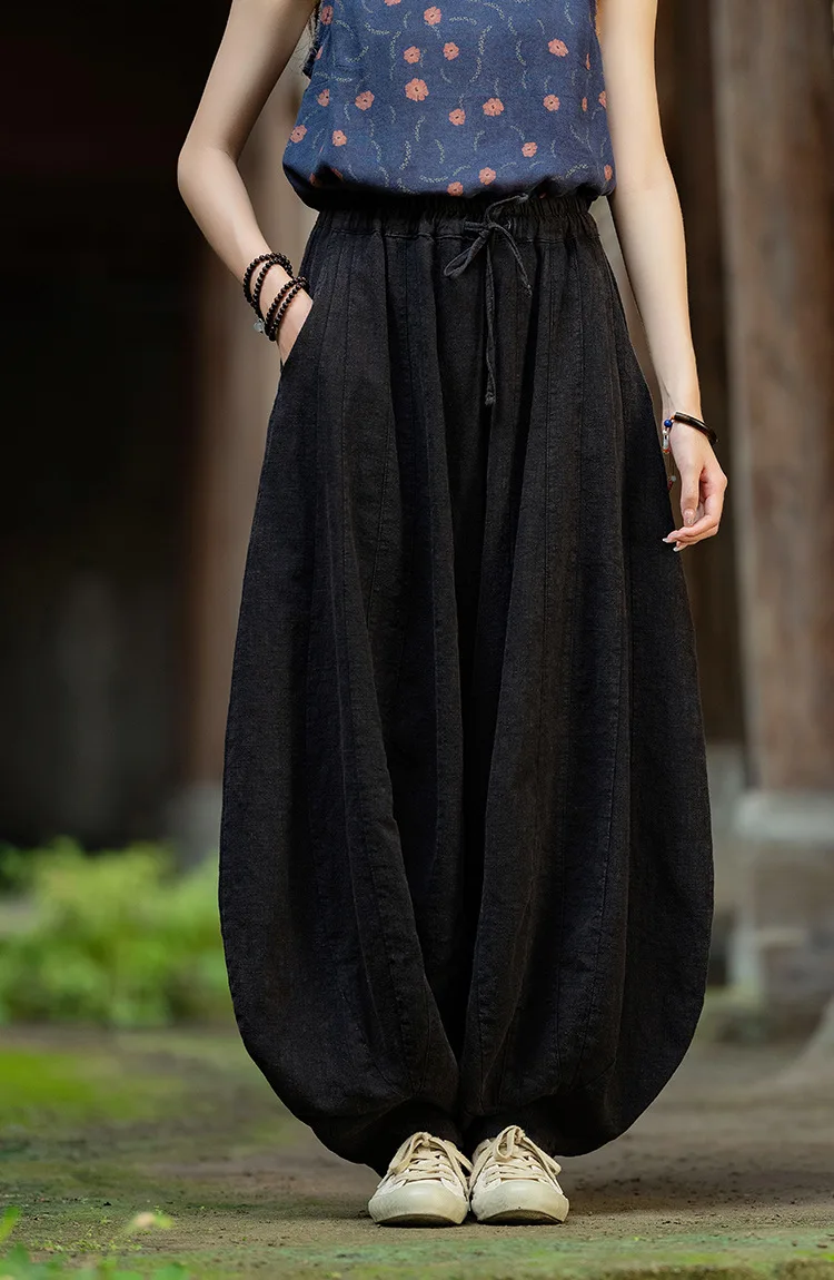 Johnature Women Vintage High Quality Cotton Ramie Bloomers Pants Solid Color Loose Autumn Trousers 2025 New Elastic Waist Pants