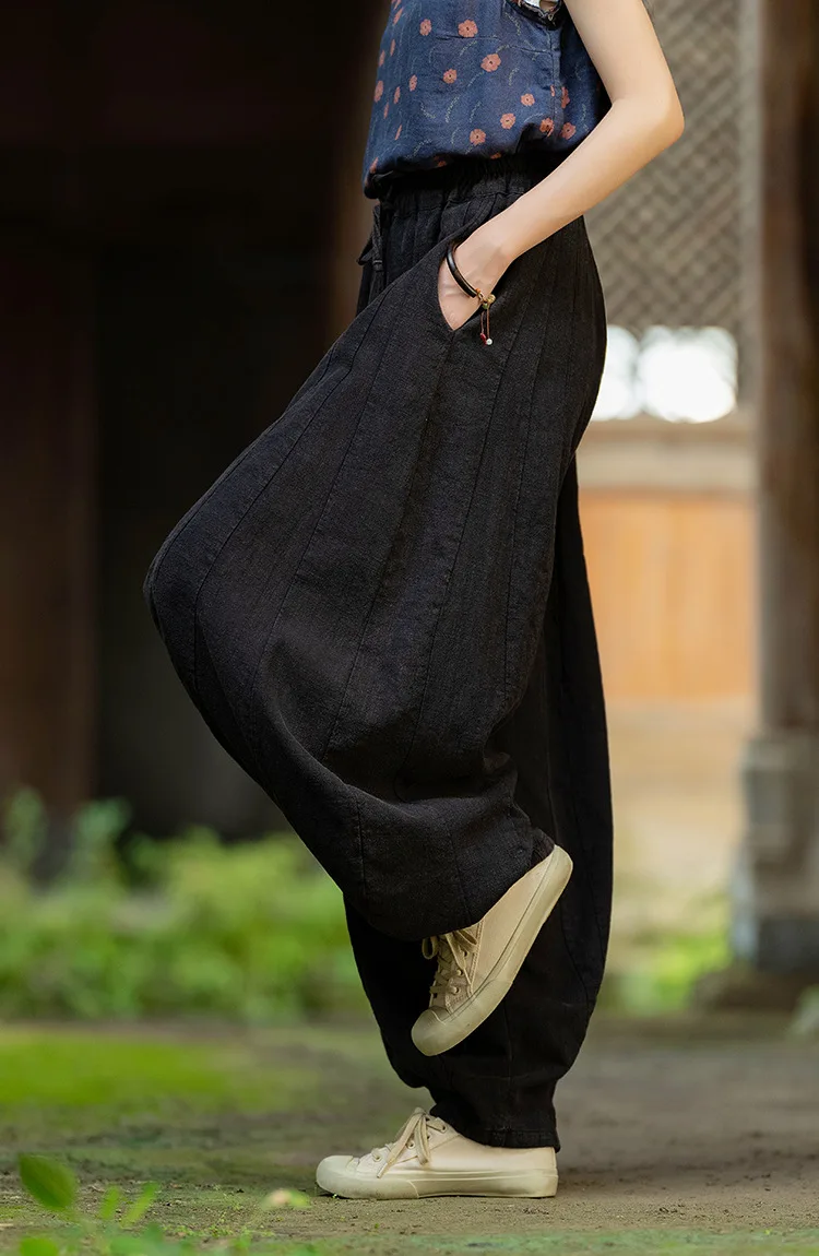 Johnature Women Vintage High Quality Cotton Ramie Bloomers Pants Solid Color Loose Autumn Trousers 2025 New Elastic Waist Pants