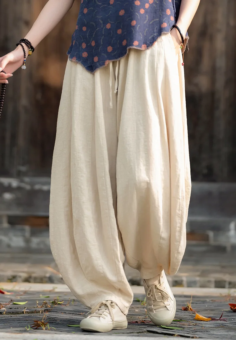 Johnature Women Vintage High Quality Cotton Ramie Bloomers Pants Solid Color Loose Autumn Trousers 2025 New Elastic Waist Pants