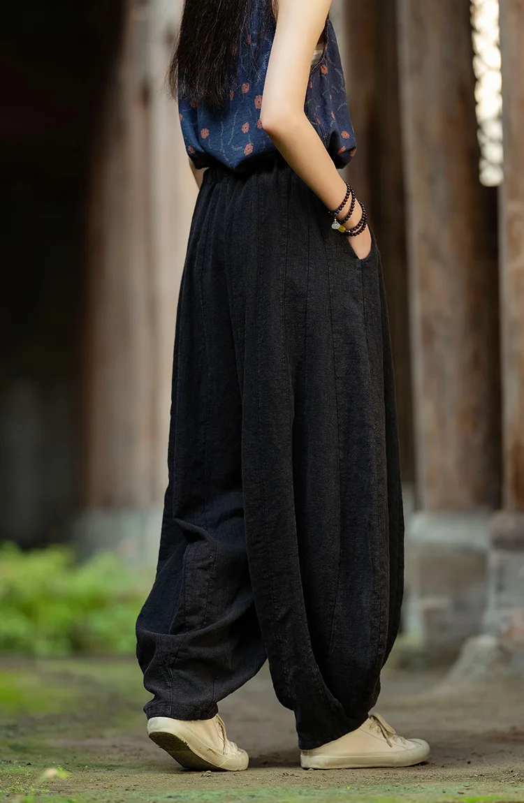 Johnature Women Vintage High Quality Cotton Ramie Bloomers Pants Solid Color Loose Autumn Trousers 2025 New Elastic Waist Pants