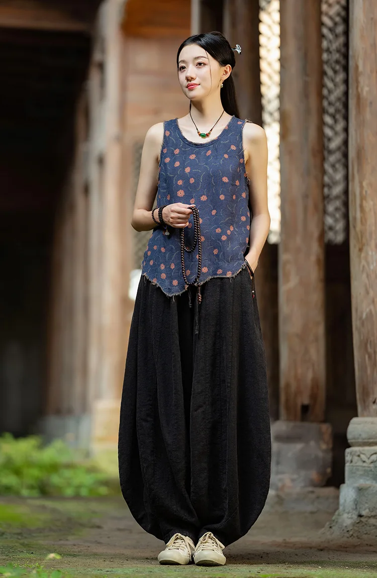 Johnature Women Vintage High Quality Cotton Ramie Bloomers Pants Solid Color Loose Autumn Trousers 2025 New Elastic Waist Pants