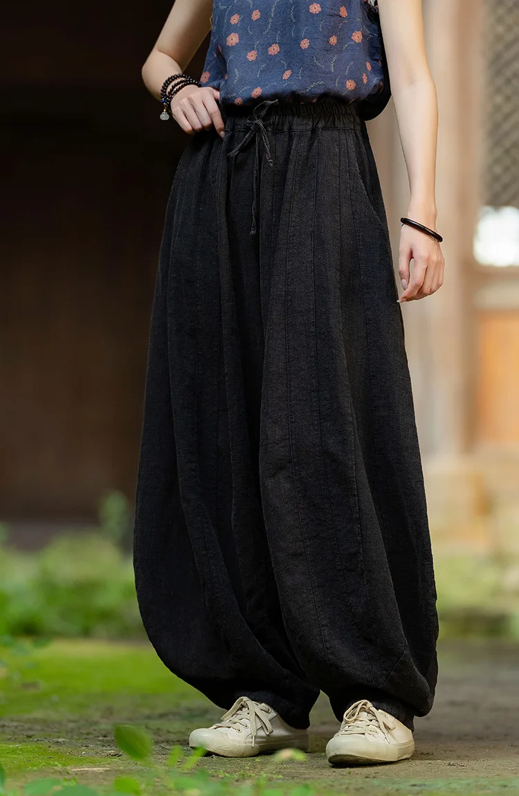Johnature Women Vintage High Quality Cotton Ramie Bloomers Pants Solid Color Loose Autumn Trousers 2025 New Elastic Waist Pants