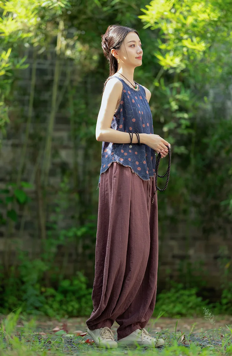 Johnature Women Vintage High Quality Cotton Ramie Bloomers Pants Solid Color Loose Autumn Trousers 2025 New Elastic Waist Pants