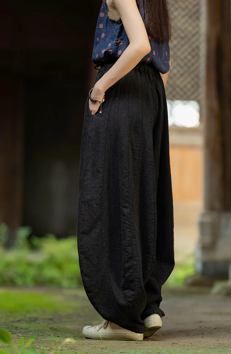Johnature Women Vintage High Quality Cotton Ramie Bloomers Pants Solid Color Loose Autumn Trousers 2025 New Elastic Waist Pants