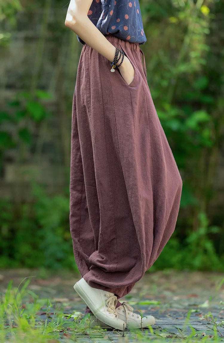 Johnature Women Vintage High Quality Cotton Ramie Bloomers Pants Solid Color Loose Autumn Trousers 2025 New Elastic Waist Pants