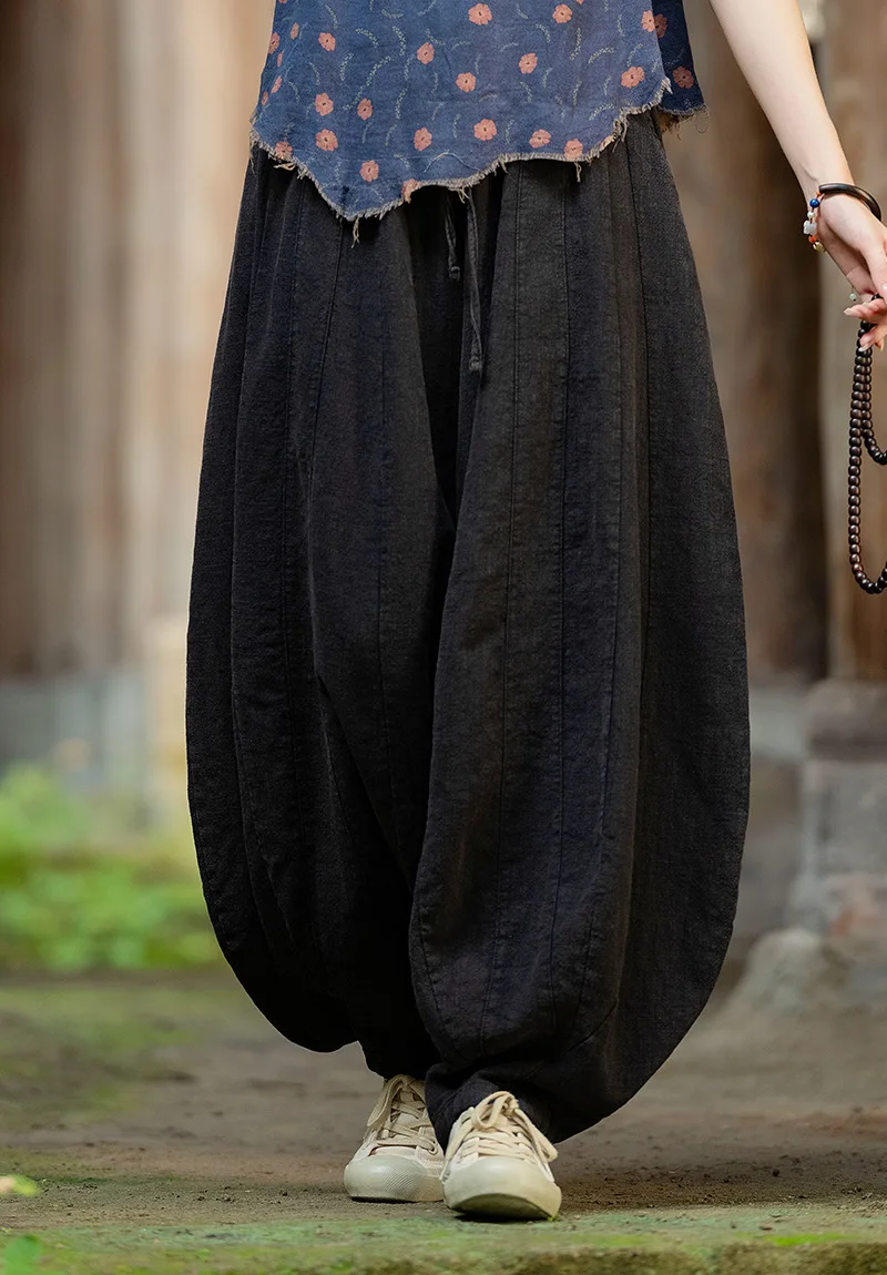 Johnature Women Vintage High Quality Cotton Ramie Bloomers Pants Solid Color Loose Autumn Trousers 2025 New Elastic Waist Pants