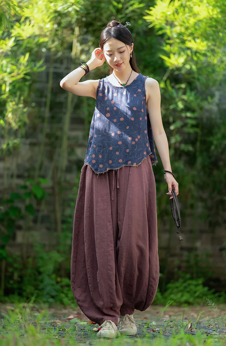 Johnature Women Vintage High Quality Cotton Ramie Bloomers Pants Solid Color Loose Autumn Trousers 2025 New Elastic Waist Pants