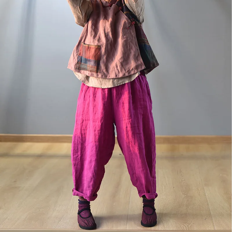 Johnature Vintage Linen Wide Leg Pants For Women 5 Color Elastic Waist Trouser 2025 New Summer Pockets Female Pants