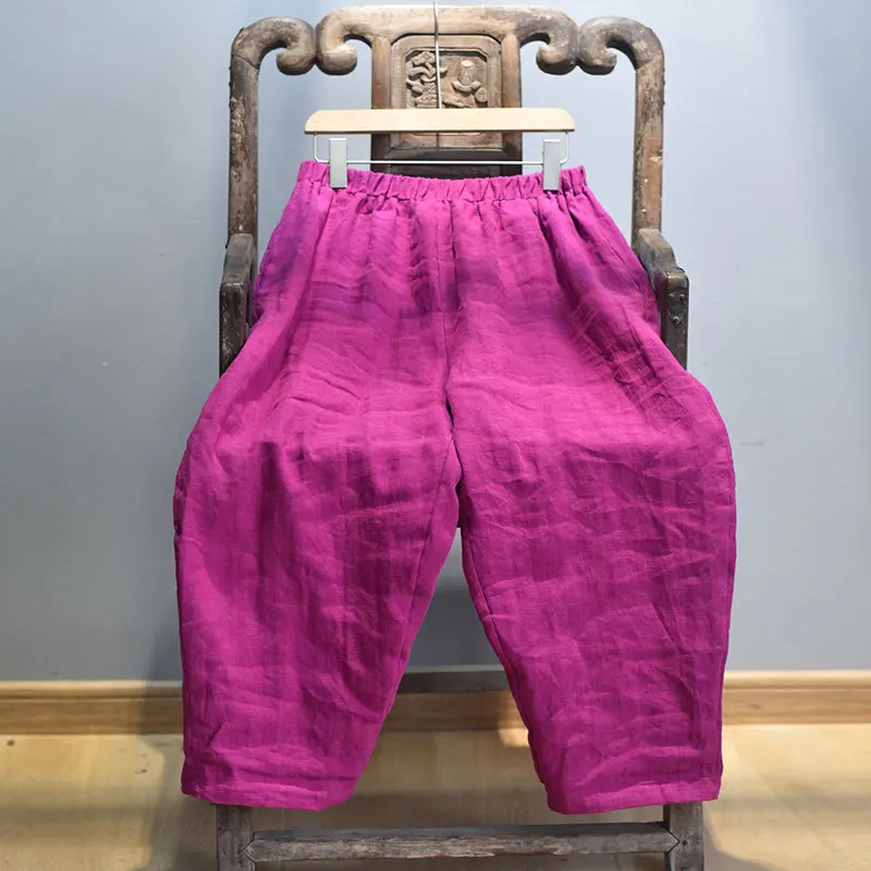 Johnature Vintage Linen Wide Leg Pants For Women 5 Color Elastic Waist Trouser 2025 New Summer Pockets Female Pants