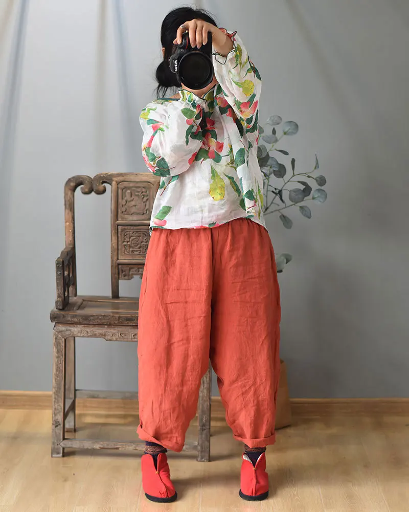 Johnature Vintage Linen Wide Leg Pants For Women 5 Color Elastic Waist Trouser 2025 New Summer Pockets Female Pants