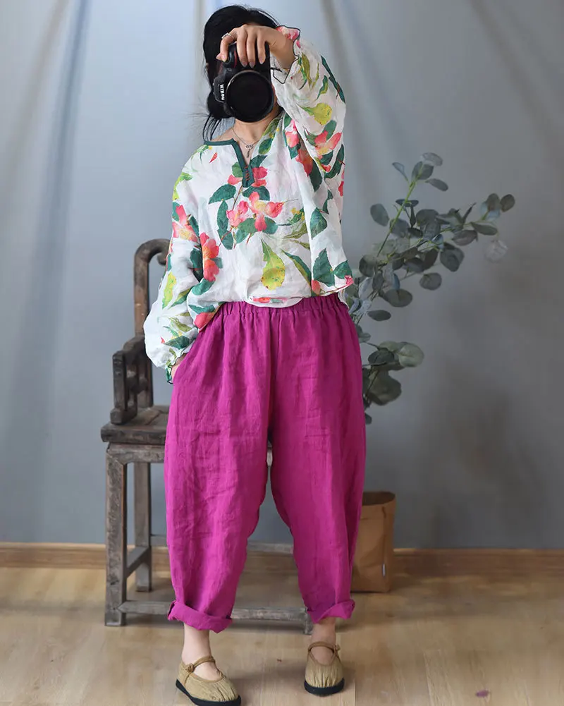 Johnature Vintage Linen Wide Leg Pants For Women 5 Color Elastic Waist Trouser 2025 New Summer Pockets Female Pants