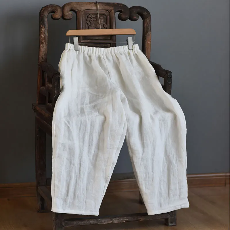 Johnature Vintage Linen Wide Leg Pants For Women 5 Color Elastic Waist Trouser 2025 New Summer Pockets Female Pants