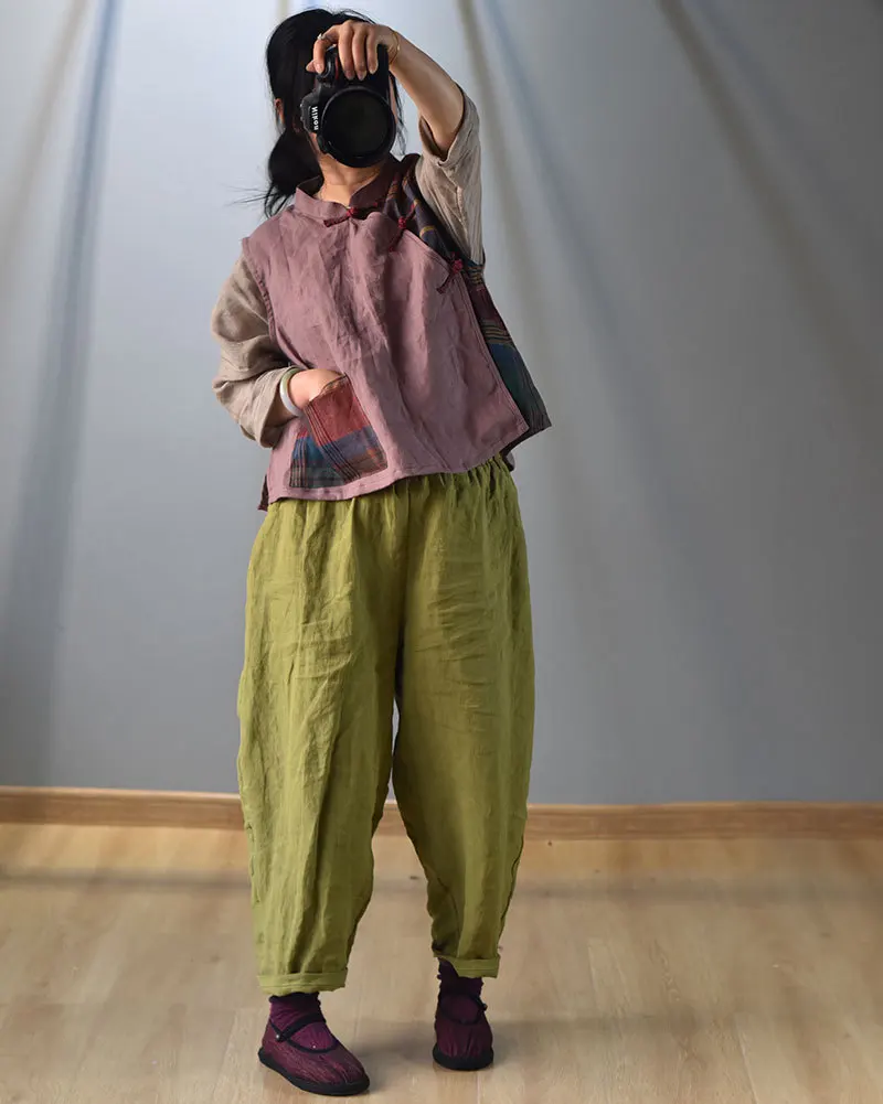 Johnature Vintage Linen Wide Leg Pants For Women 5 Color Elastic Waist Trouser 2025 New Summer Pockets Female Pants