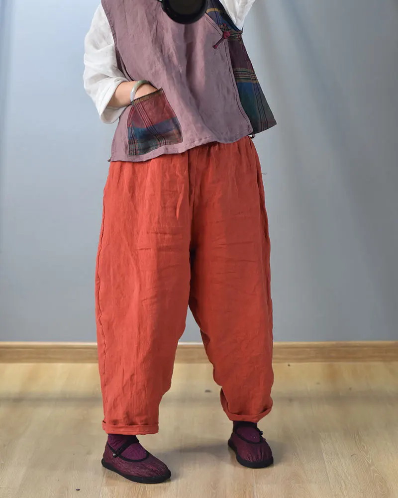 Johnature Vintage Linen Wide Leg Pants For Women 5 Color Elastic Waist Trouser 2025 New Summer Pockets Female Pants