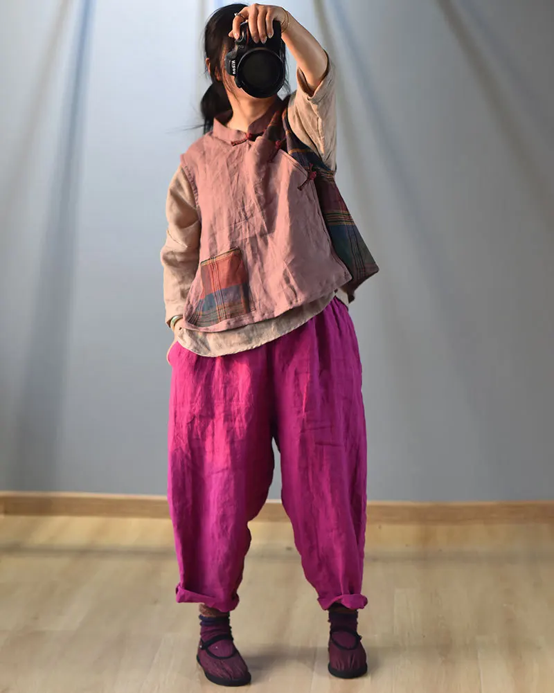 Johnature Vintage Linen Wide Leg Pants For Women 5 Color Elastic Waist Trouser 2025 New Summer Pockets Female Pants