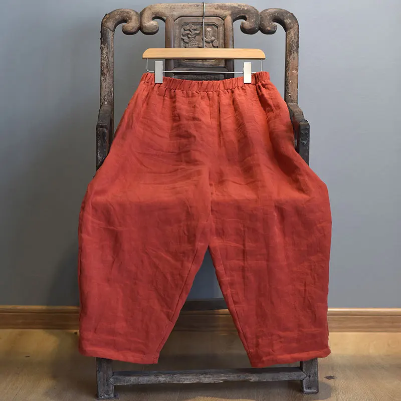 Johnature Vintage Linen Wide Leg Pants For Women 5 Color Elastic Waist Trouser 2025 New Summer Pockets Female Pants