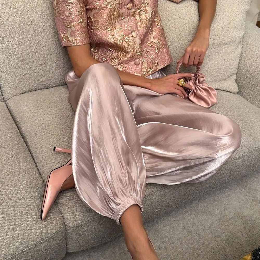 Women Casual Stretch High Waist Crepe Summer Spring Pants Fashion Bloomers Chic Pants Women Clothes Long Trousers Pink