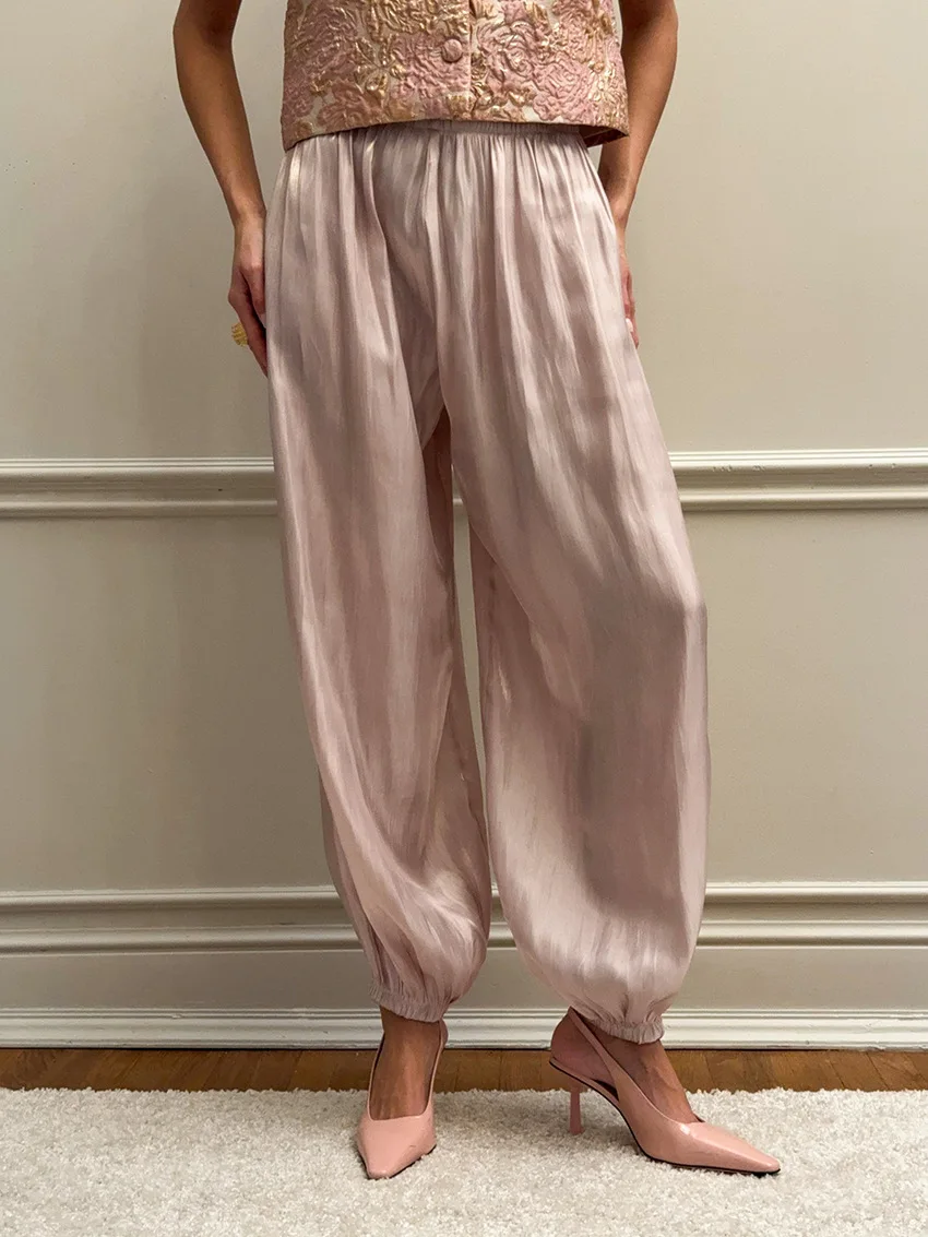 Women Casual Stretch High Waist Crepe Summer Spring Pants Fashion Bloomers Chic Pants Women Clothes Long Trousers Pink