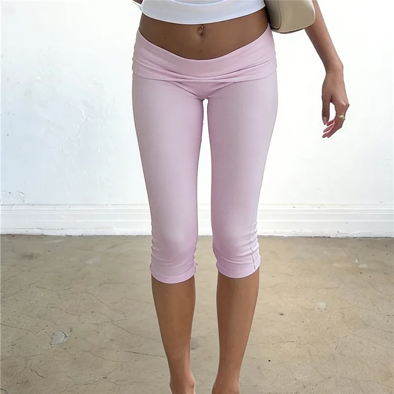 Women Fold Over Capri Leggings Y2K Jogging Cycling Bottoms Coquette Low Rise Pencil Pants Stretch Lounge Yoga Athletic Crop Pant