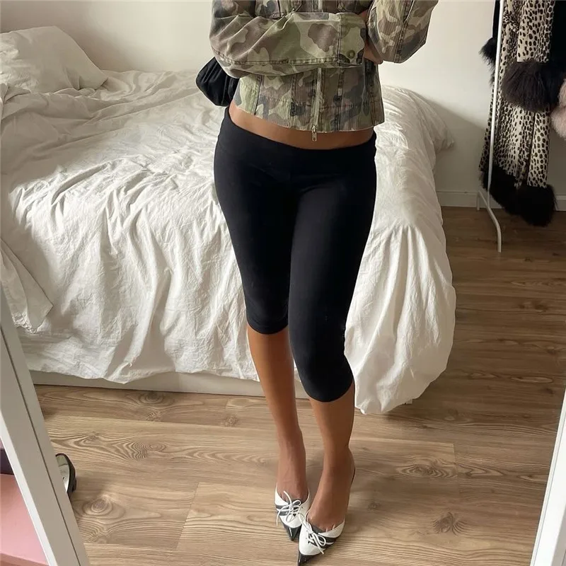 Women Fold Over Capri Leggings Y2K Jogging Cycling Bottoms Coquette Low Rise Pencil Pants Stretch Lounge Yoga Athletic Crop Pant