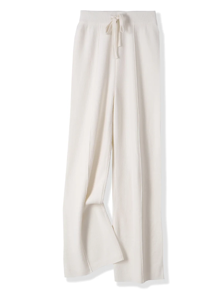 Autumn Winter Women 100% Merino Wool Knitted Wide Leg Pants Basic Soft Warm Cashmere Knit Trousers Casual Simple Style Korean