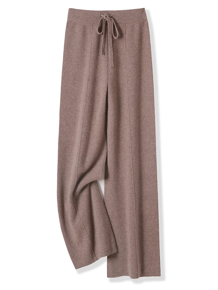 Autumn Winter Women 100% Merino Wool Knitted Wide Leg Pants Basic Soft Warm Cashmere Knit Trousers Casual Simple Style Korean