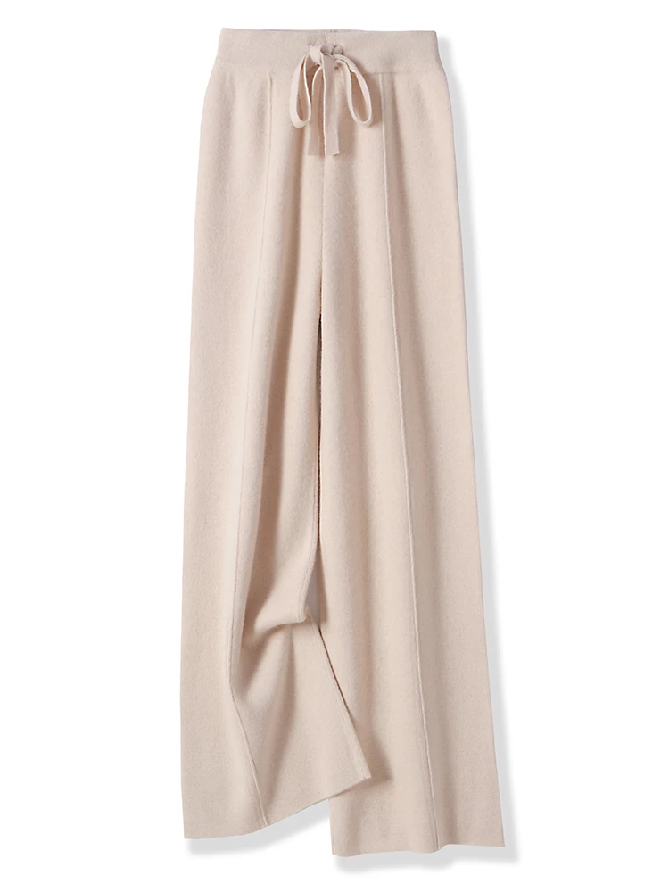 Autumn Winter Women 100% Merino Wool Knitted Wide Leg Pants Basic Soft Warm Cashmere Knit Trousers Casual Simple Style Korean