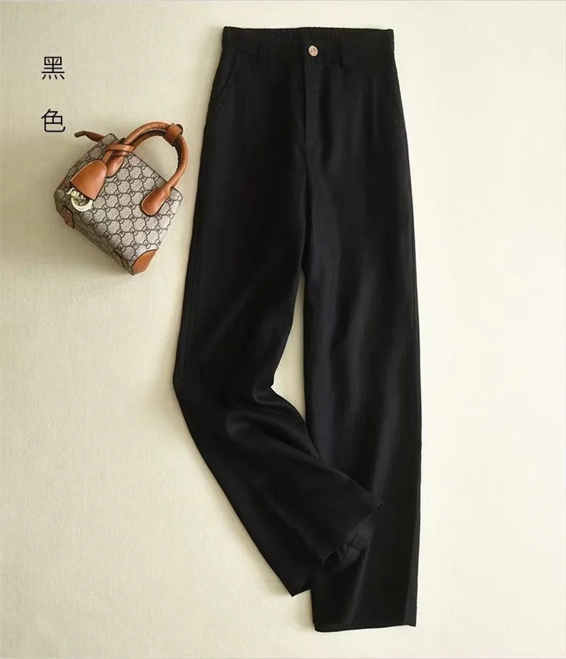 Women's Cotton Linen Straight Trousers Elastic High Waist Wild Wide Leg Pants Female Spring Summer Solid Color Loose Linen Pants