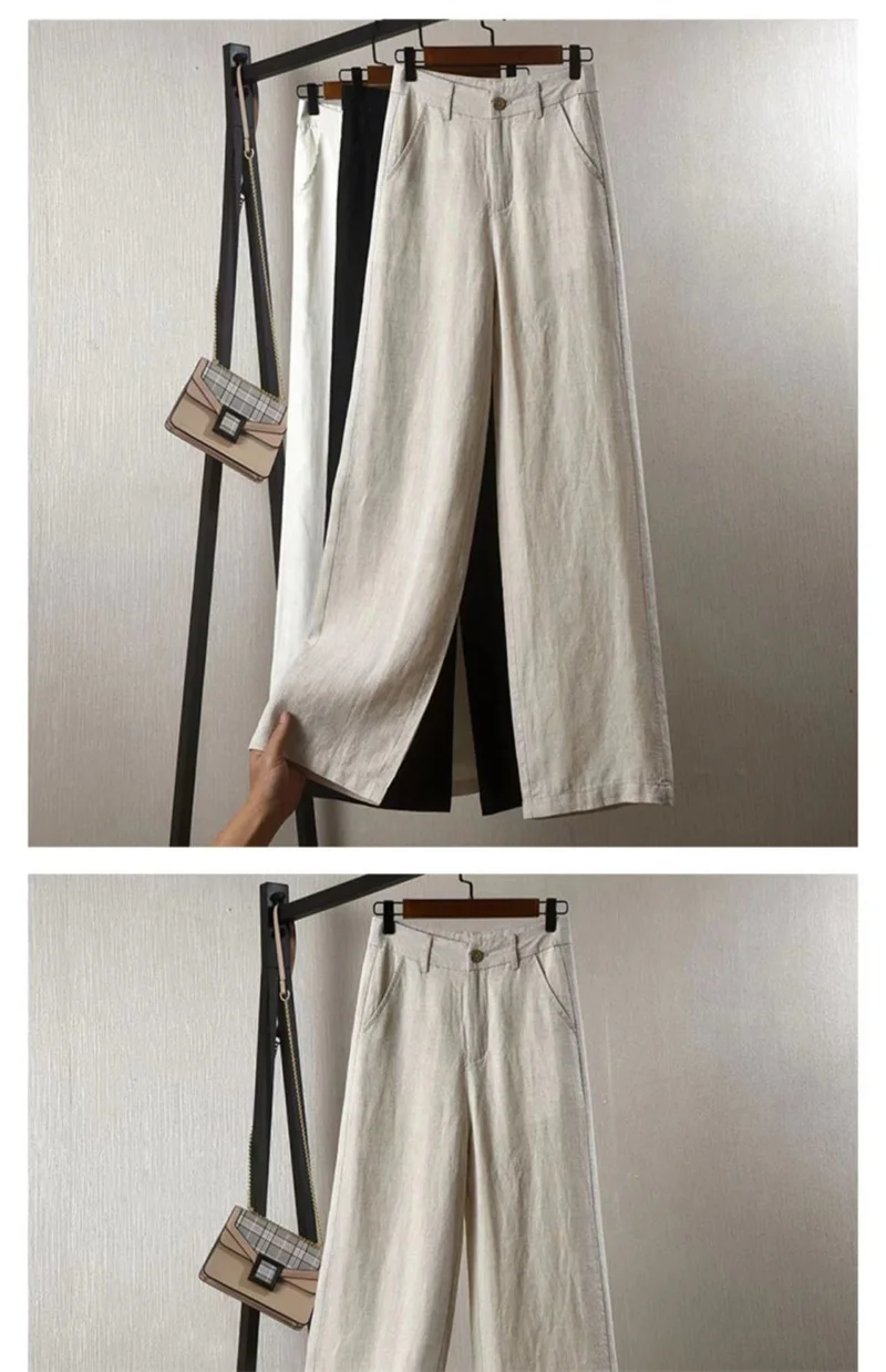 Women's Cotton Linen Straight Trousers Elastic High Waist Wild Wide Leg Pants Female Spring Summer Solid Color Loose Linen Pants