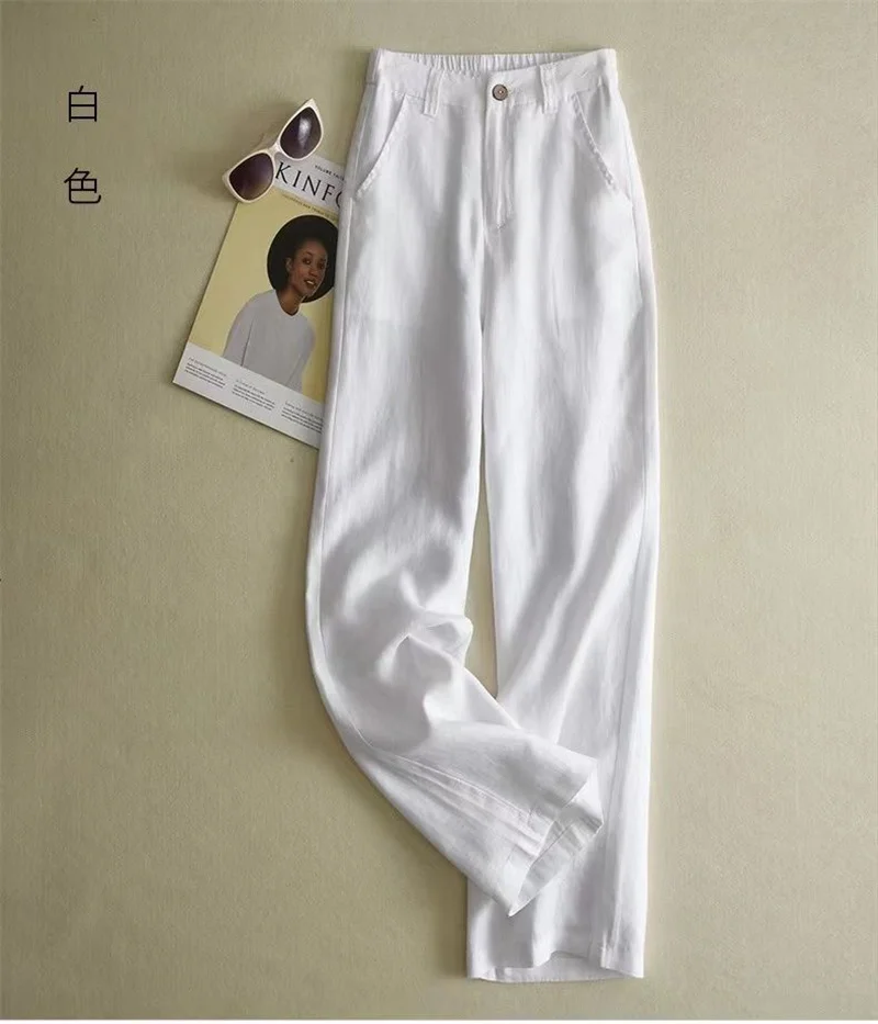 Women's Cotton Linen Straight Trousers Elastic High Waist Wild Wide Leg Pants Female Spring Summer Solid Color Loose Linen Pants