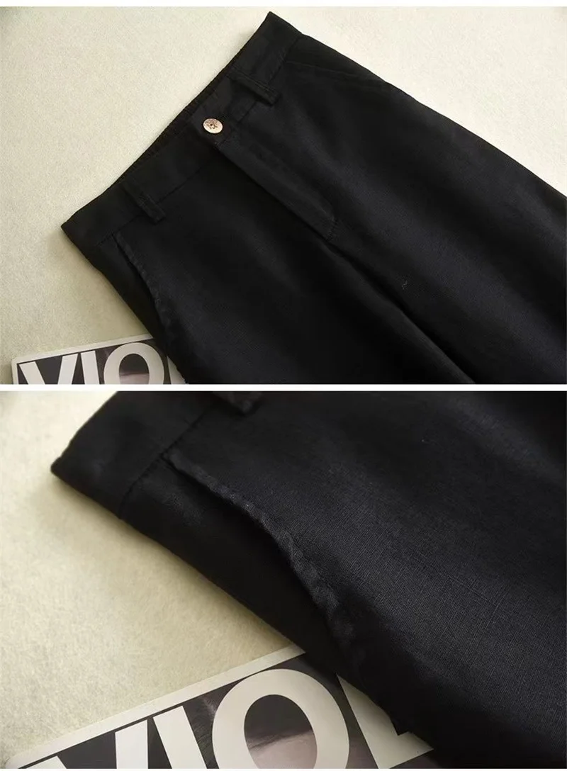 Women's Cotton Linen Straight Trousers Elastic High Waist Wild Wide Leg Pants Female Spring Summer Solid Color Loose Linen Pants