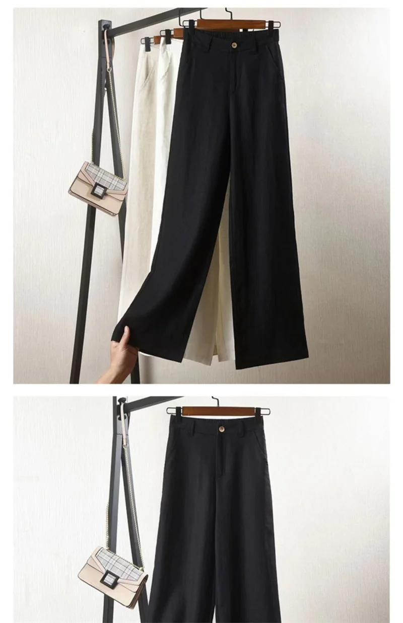 Women's Cotton Linen Straight Trousers Elastic High Waist Wild Wide Leg Pants Female Spring Summer Solid Color Loose Linen Pants