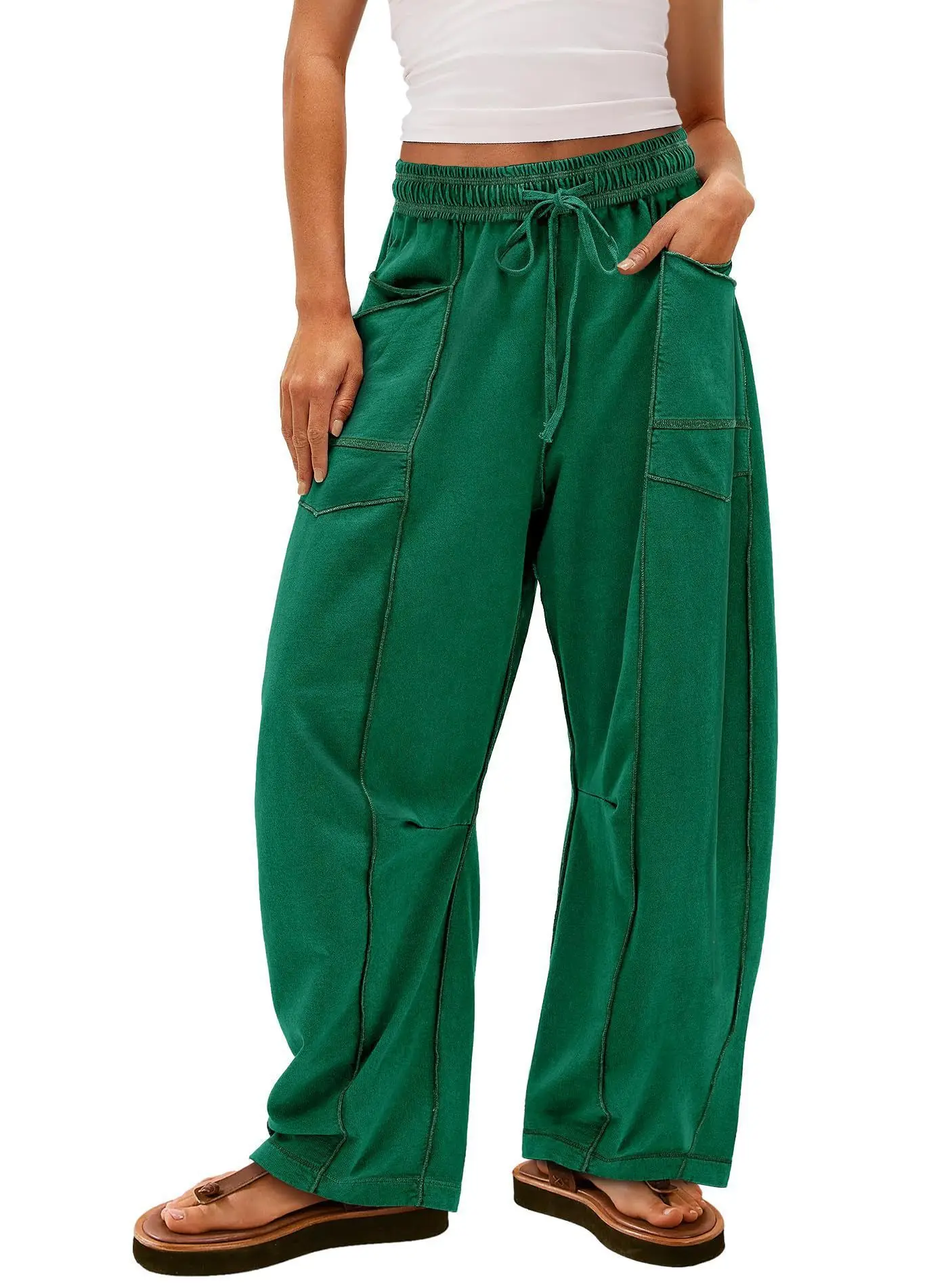 2025 Women's Pants Elastic Waist Drawstring Pocket Fashion High Street Casual Loose Sports Wide Leg Pants