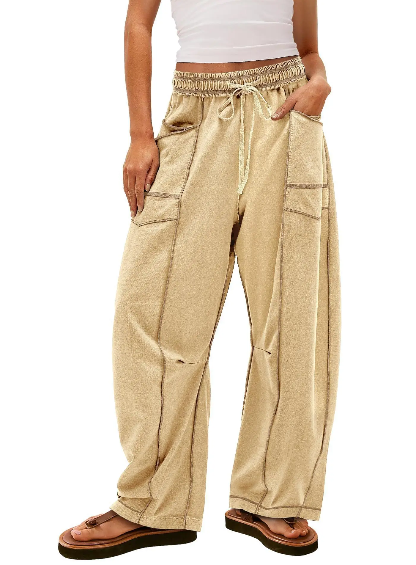 2025 Women's Pants Elastic Waist Drawstring Pocket Fashion High Street Casual Loose Sports Wide Leg Pants