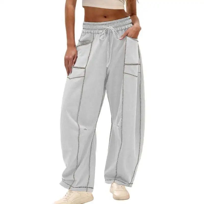 2025 Women's Pants Elastic Waist Drawstring Pocket Fashion High Street Casual Loose Sports Wide Leg Pants