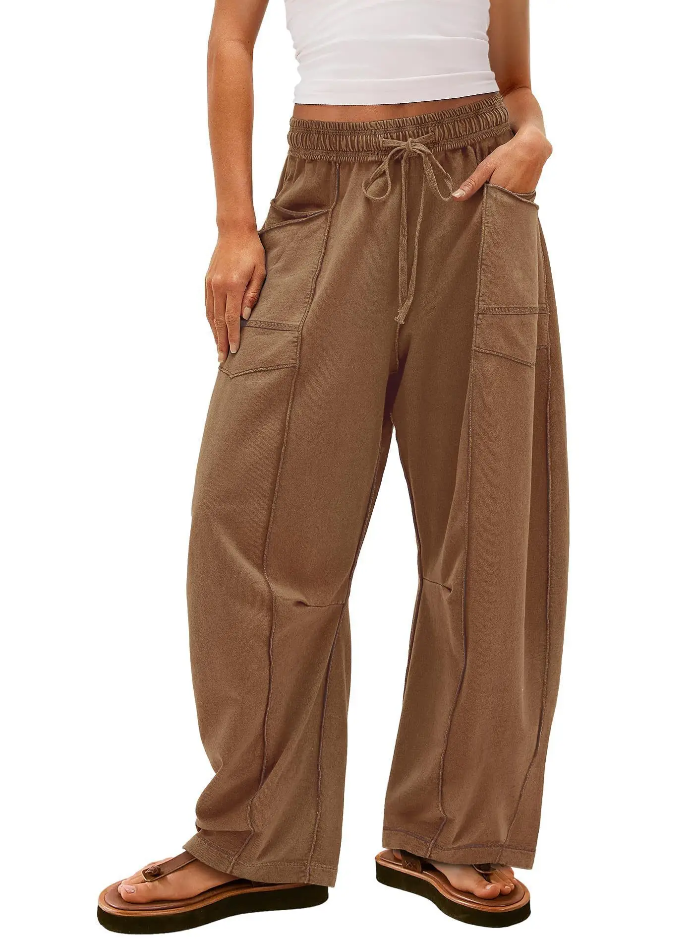 2025 Women's Pants Elastic Waist Drawstring Pocket Fashion High Street Casual Loose Sports Wide Leg Pants