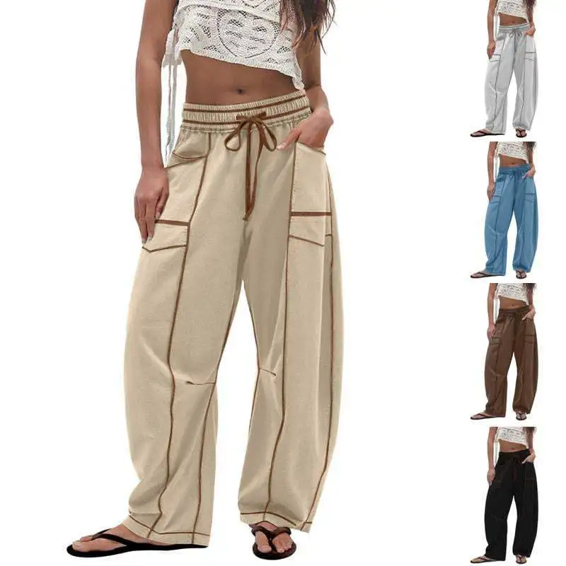 2025 Women's Pants Elastic Waist Drawstring Pocket Fashion High Street Casual Loose Sports Wide Leg Pants