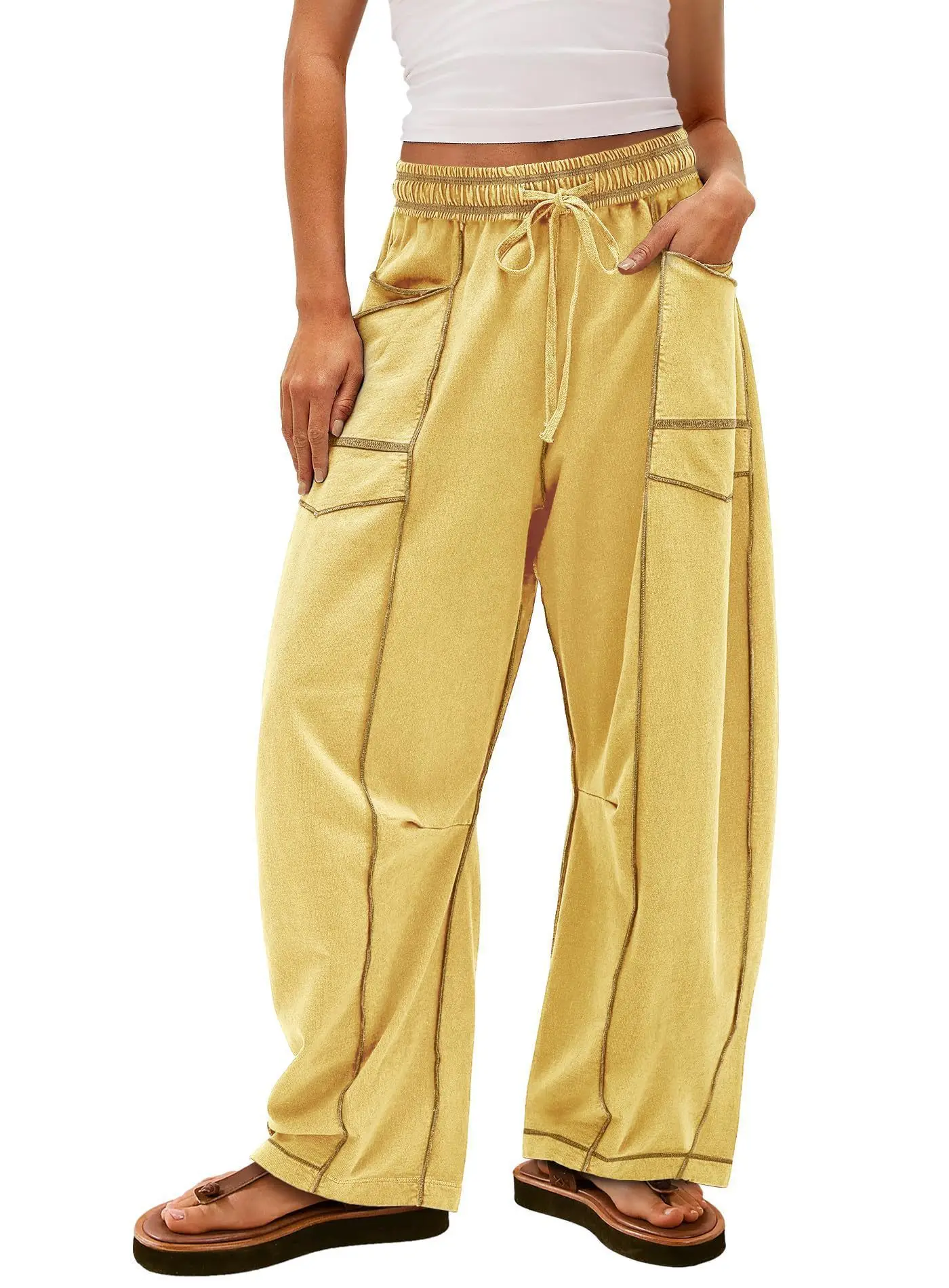 2025 Women's Pants Elastic Waist Drawstring Pocket Fashion High Street Casual Loose Sports Wide Leg Pants