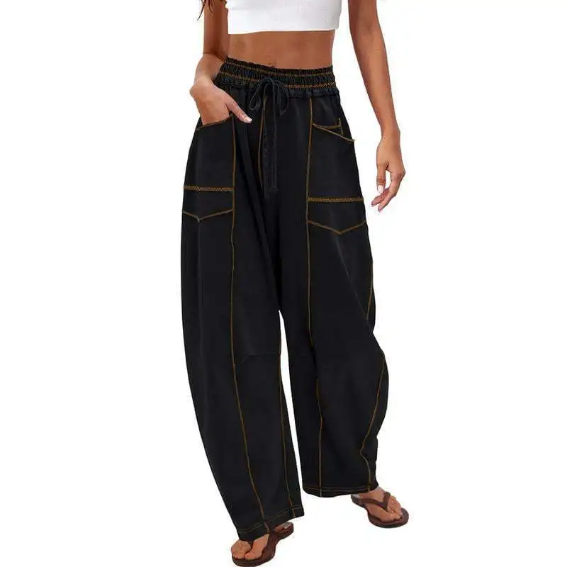2025 Women's Pants Elastic Waist Drawstring Pocket Fashion High Street Casual Loose Sports Wide Leg Pants