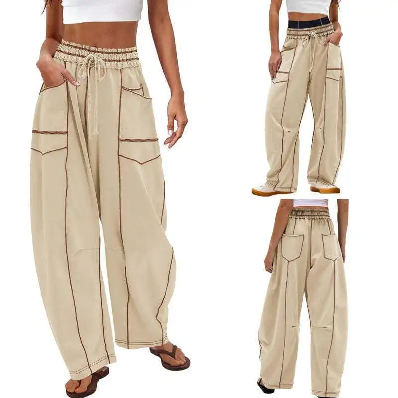 2025 Women's Pants Elastic Waist Drawstring Pocket Fashion High Street Casual Loose Sports Wide Leg Pants