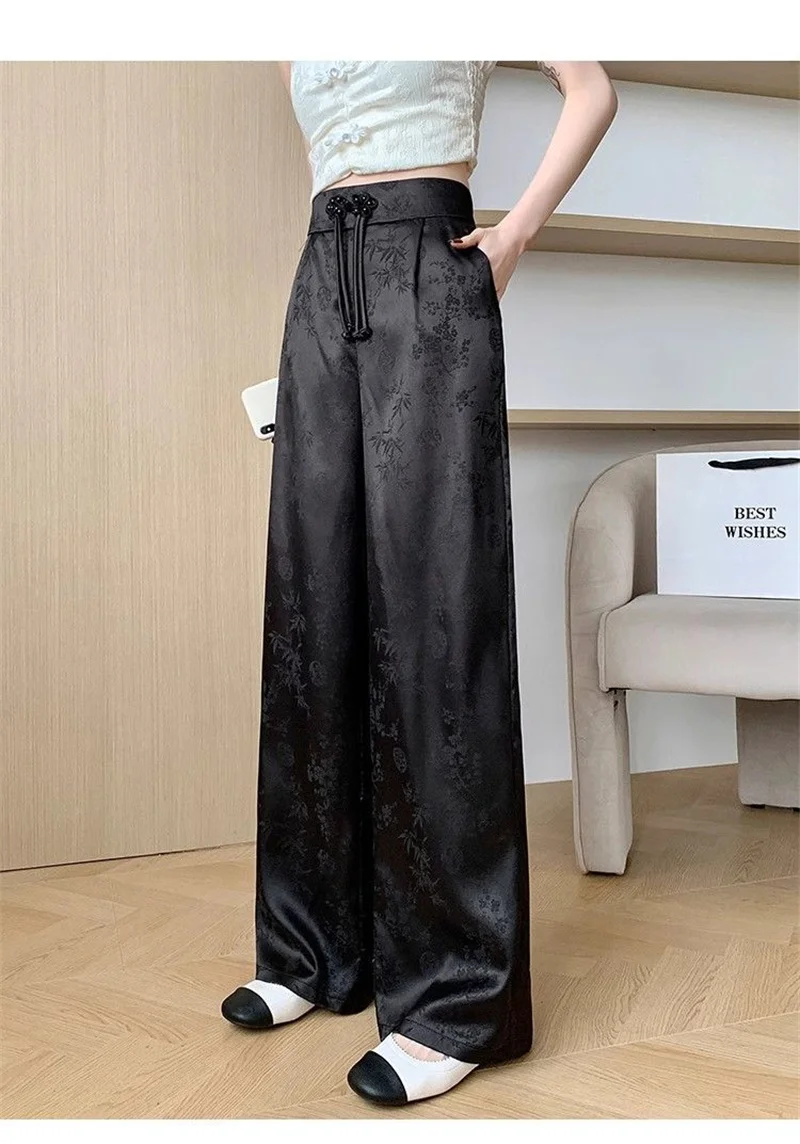 Female High Waist Straight Leg Jacquard Pant Spring Summer Women Chinese Style Hollow Out Satin Floor Mopping Wide Leg Trousers