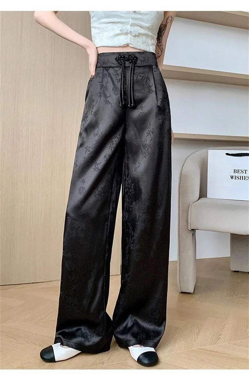 Female High Waist Straight Leg Jacquard Pant Spring Summer Women Chinese Style Hollow Out Satin Floor Mopping Wide Leg Trousers