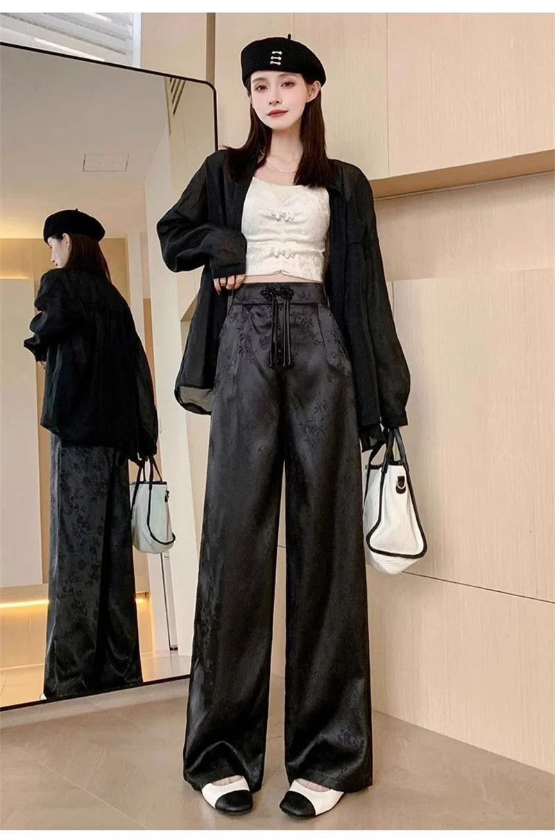 Female High Waist Straight Leg Jacquard Pant Spring Summer Women Chinese Style Hollow Out Satin Floor Mopping Wide Leg Trousers
