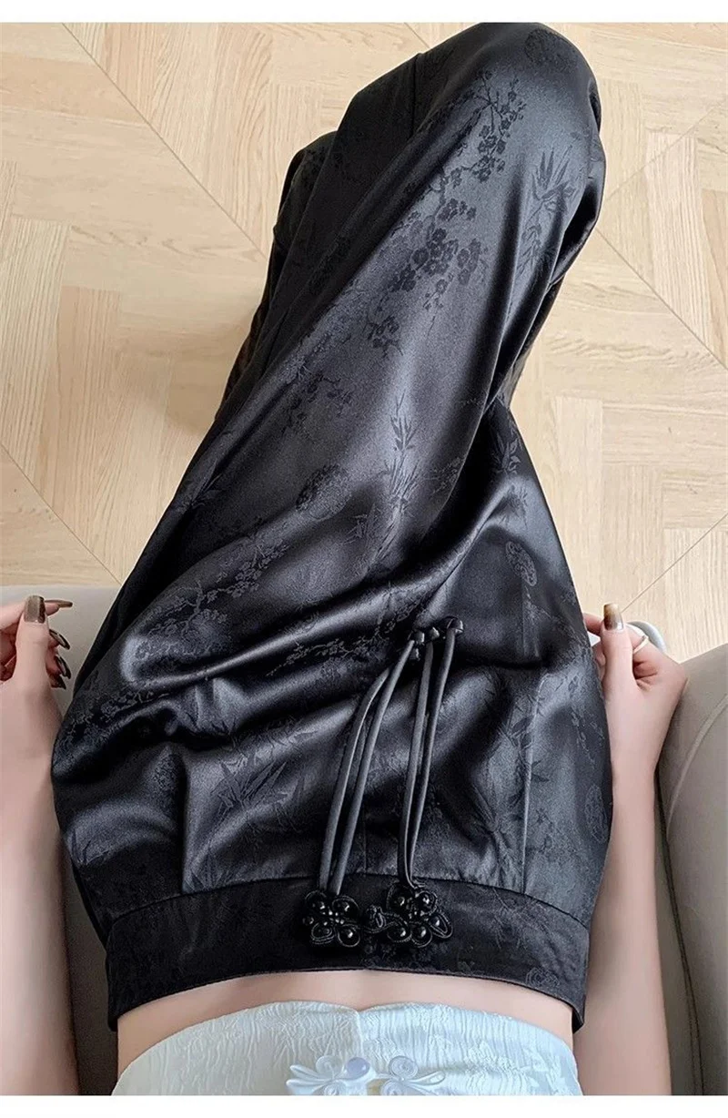 Female High Waist Straight Leg Jacquard Pant Spring Summer Women Chinese Style Hollow Out Satin Floor Mopping Wide Leg Trousers