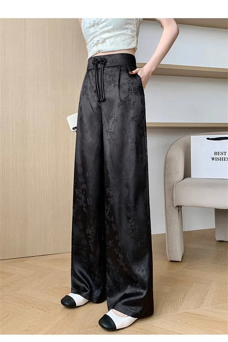 Female High Waist Straight Leg Jacquard Pant Spring Summer Women Chinese Style Hollow Out Satin Floor Mopping Wide Leg Trousers