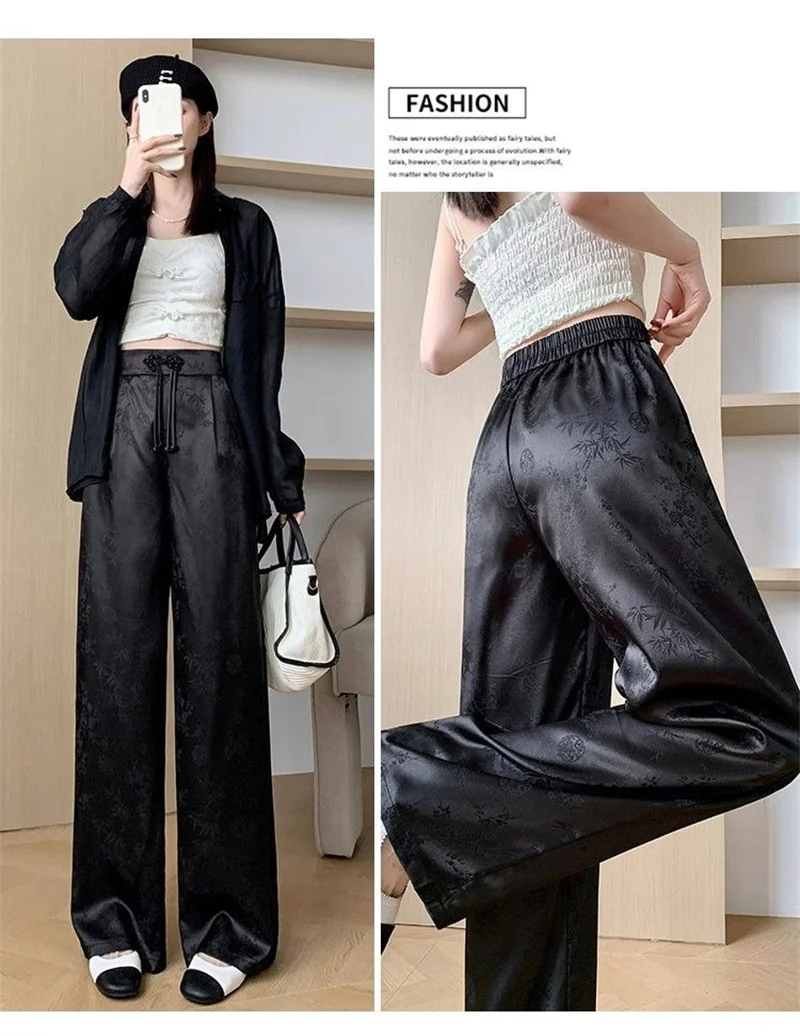 Female High Waist Straight Leg Jacquard Pant Spring Summer Women Chinese Style Hollow Out Satin Floor Mopping Wide Leg Trousers